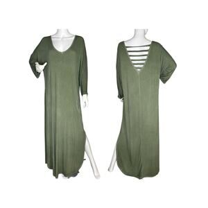 Maxi Shift Dress Jersey Cutout Back Long Slv Pockets Fairy Grunge Sage Green XL